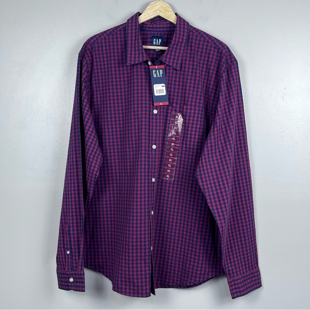 NWT Gap Men's Plaid Long Sleeve Poplin Button Up Shirt in Merlot Size XL; Casual